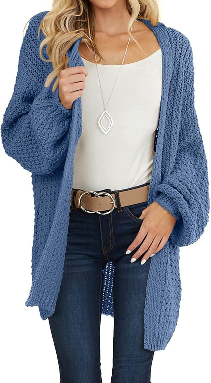imageMEROKEETY Womens 2025 Fall Open Front Chunky Knit Sweater Oversized Lantern Sleeve Cardigan OutwearDusty Blue