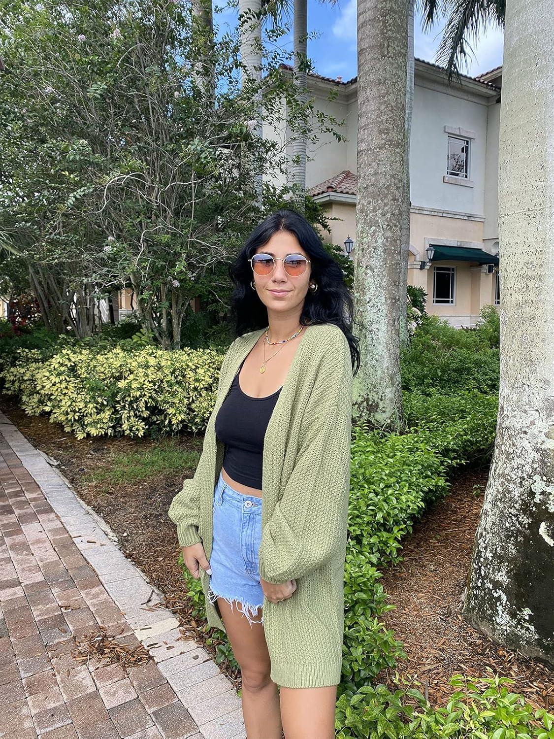imageMEROKEETY Womens 2025 Fall Open Front Chunky Knit Sweater Oversized Lantern Sleeve Cardigan OutwearGreen