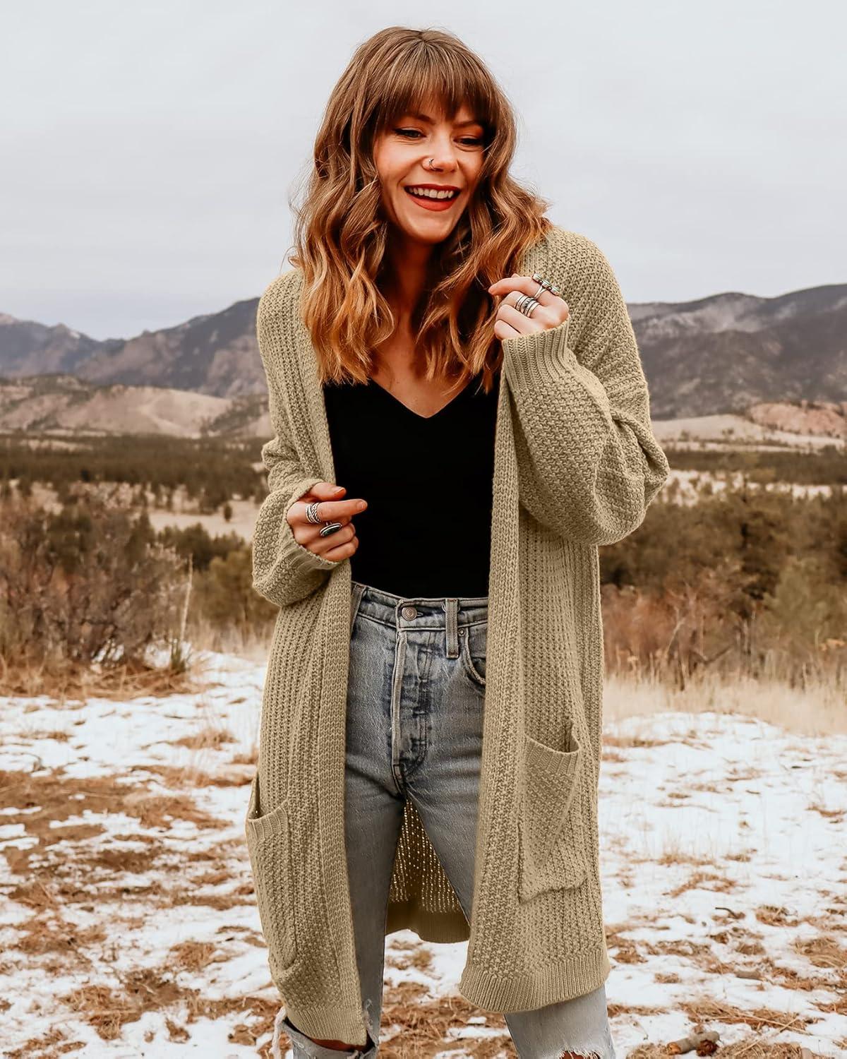 imageMEROKEETY Womens 2025 Fall Open Front Chunky Knit Sweater Oversized Lantern Sleeve Cardigan OutwearKhaki