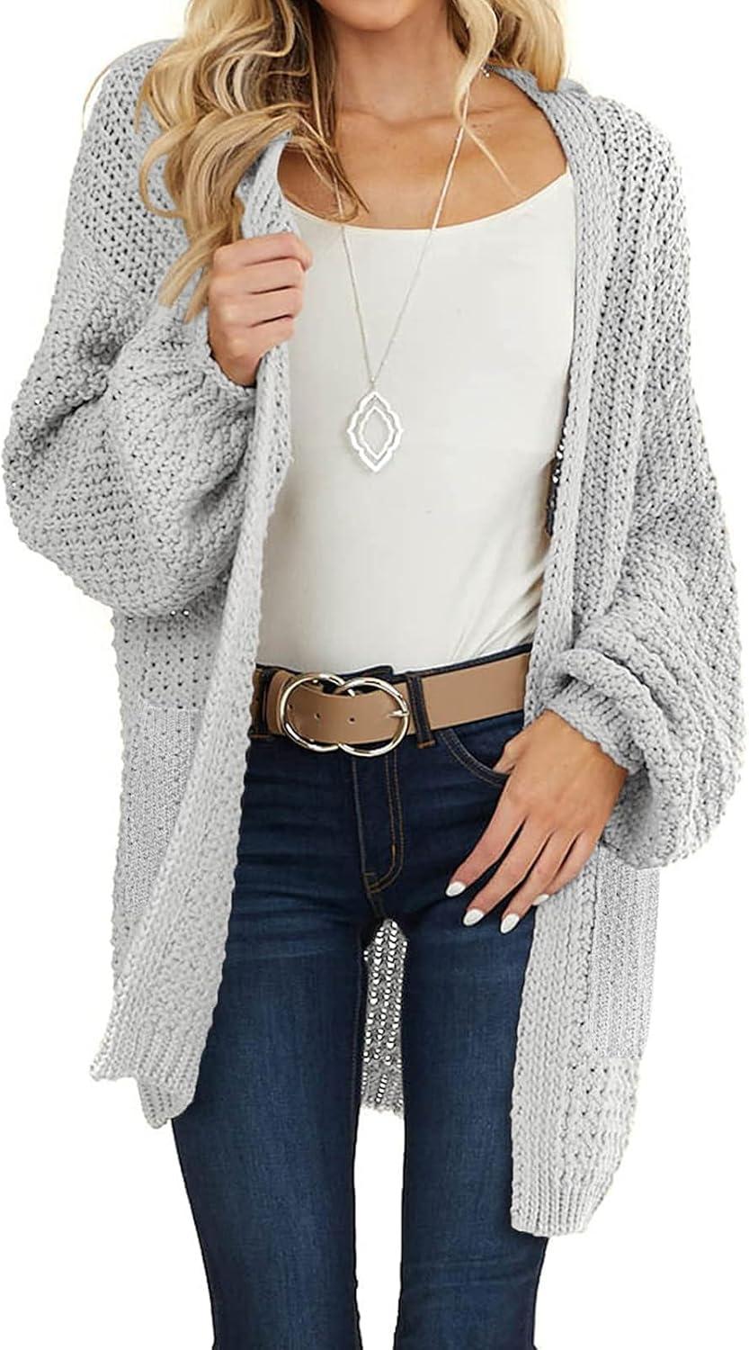 imageMEROKEETY Womens 2025 Fall Open Front Chunky Knit Sweater Oversized Lantern Sleeve Cardigan OutwearLight Grey