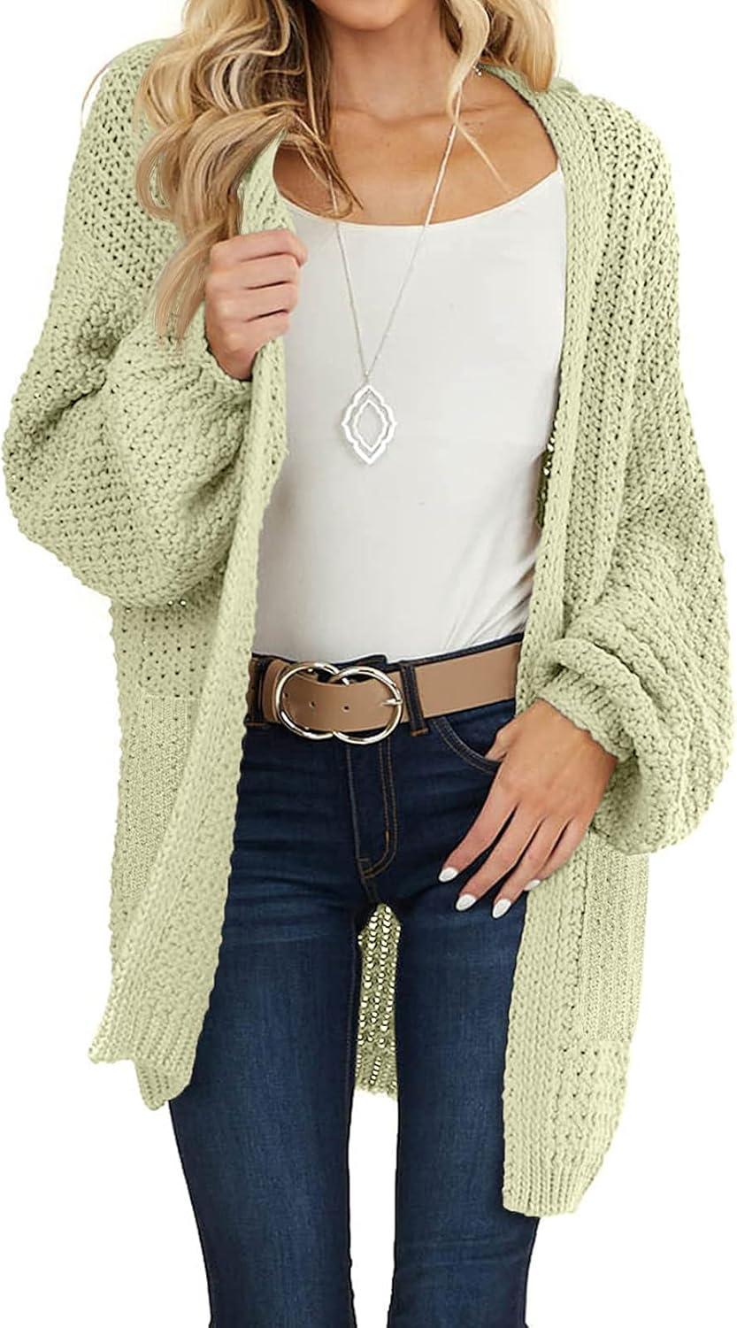 imageMEROKEETY Womens 2025 Fall Open Front Chunky Knit Sweater Oversized Lantern Sleeve Cardigan OutwearLightgreen