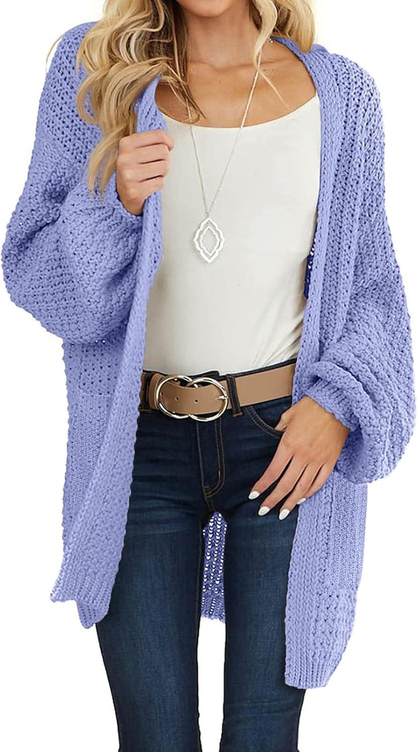 imageMEROKEETY Womens 2025 Fall Open Front Chunky Knit Sweater Oversized Lantern Sleeve Cardigan OutwearLightpurple