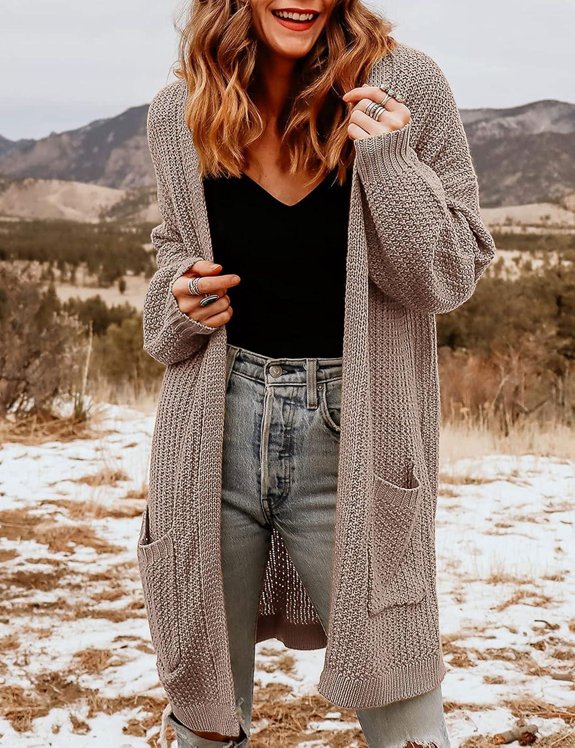 imageMEROKEETY Womens 2025 Fall Open Front Chunky Knit Sweater Oversized Lantern Sleeve Cardigan OutwearMocha