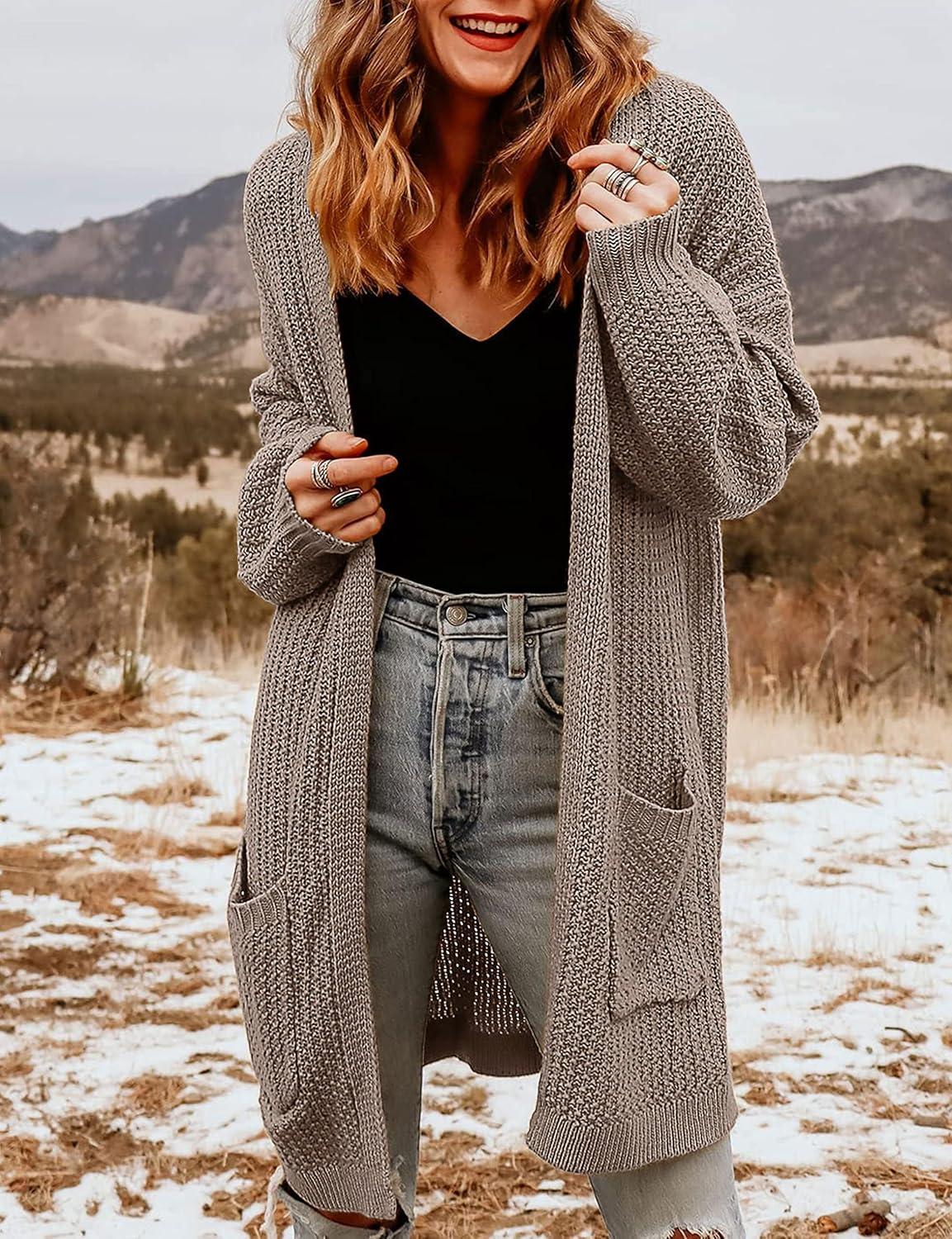 imageMEROKEETY Womens 2025 Fall Open Front Chunky Knit Sweater Oversized Lantern Sleeve Cardigan OutwearMocha