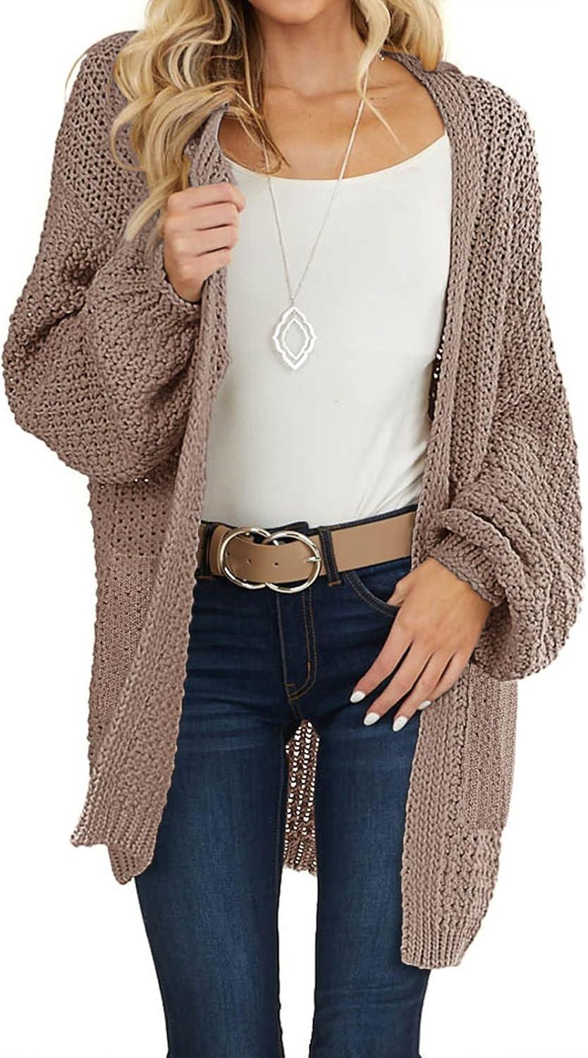 imageMEROKEETY Womens 2025 Fall Open Front Chunky Knit Sweater Oversized Lantern Sleeve Cardigan OutwearMocha