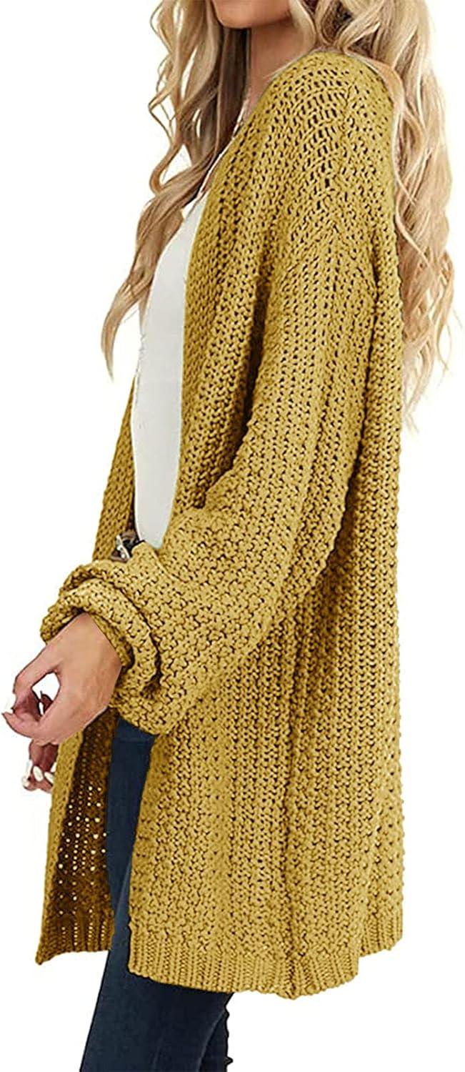 imageMEROKEETY Womens 2025 Fall Open Front Chunky Knit Sweater Oversized Lantern Sleeve Cardigan OutwearMustard