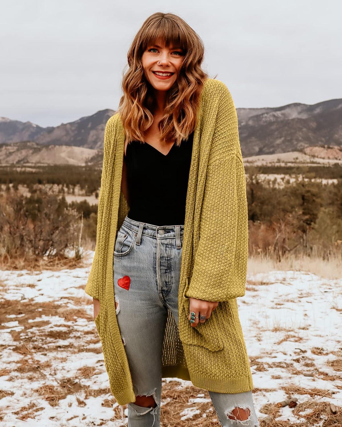 imageMEROKEETY Womens 2025 Fall Open Front Chunky Knit Sweater Oversized Lantern Sleeve Cardigan OutwearMustard