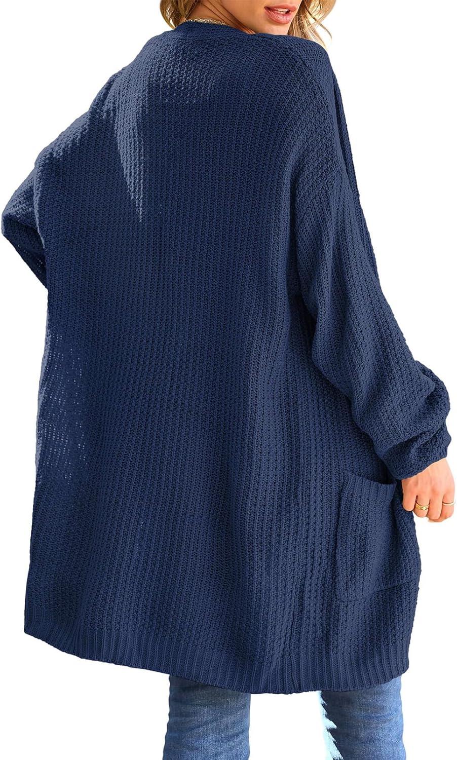 imageMEROKEETY Womens 2025 Fall Open Front Chunky Knit Sweater Oversized Lantern Sleeve Cardigan OutwearNavy