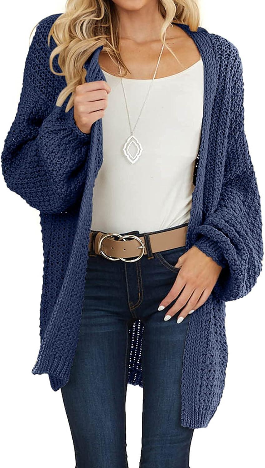 imageMEROKEETY Womens 2025 Fall Open Front Chunky Knit Sweater Oversized Lantern Sleeve Cardigan OutwearNavy