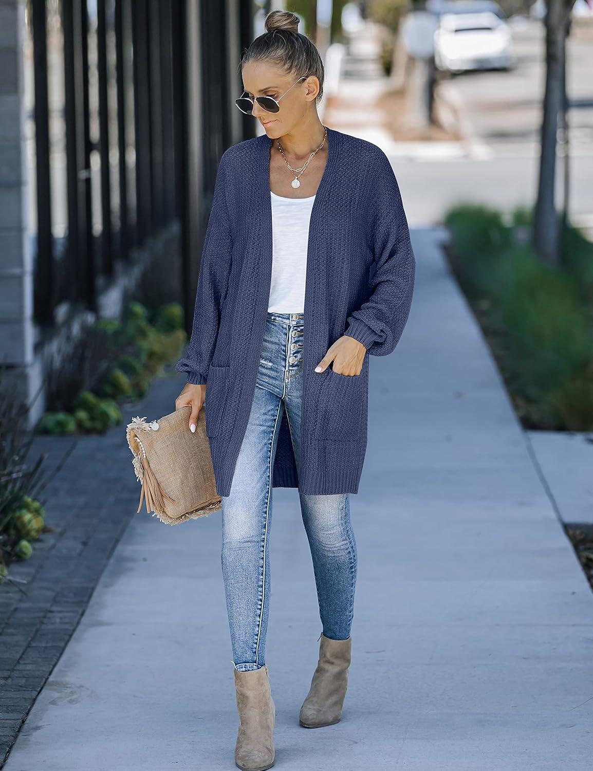 imageMEROKEETY Womens 2025 Fall Open Front Chunky Knit Sweater Oversized Lantern Sleeve Cardigan OutwearNavy