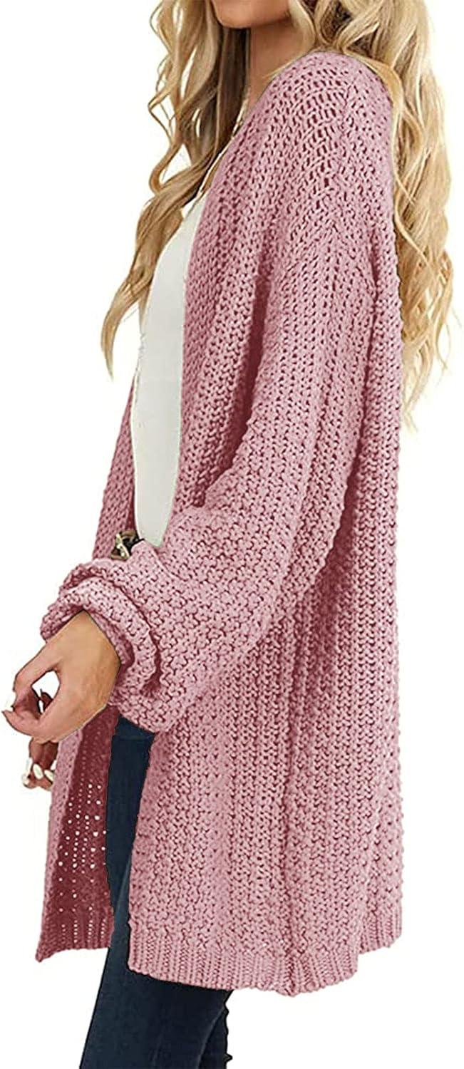 imageMEROKEETY Womens 2025 Fall Open Front Chunky Knit Sweater Oversized Lantern Sleeve Cardigan OutwearPink