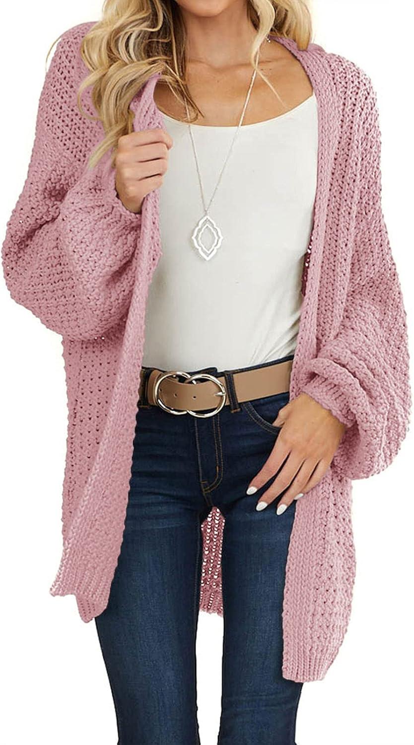 imageMEROKEETY Womens 2025 Fall Open Front Chunky Knit Sweater Oversized Lantern Sleeve Cardigan OutwearPink
