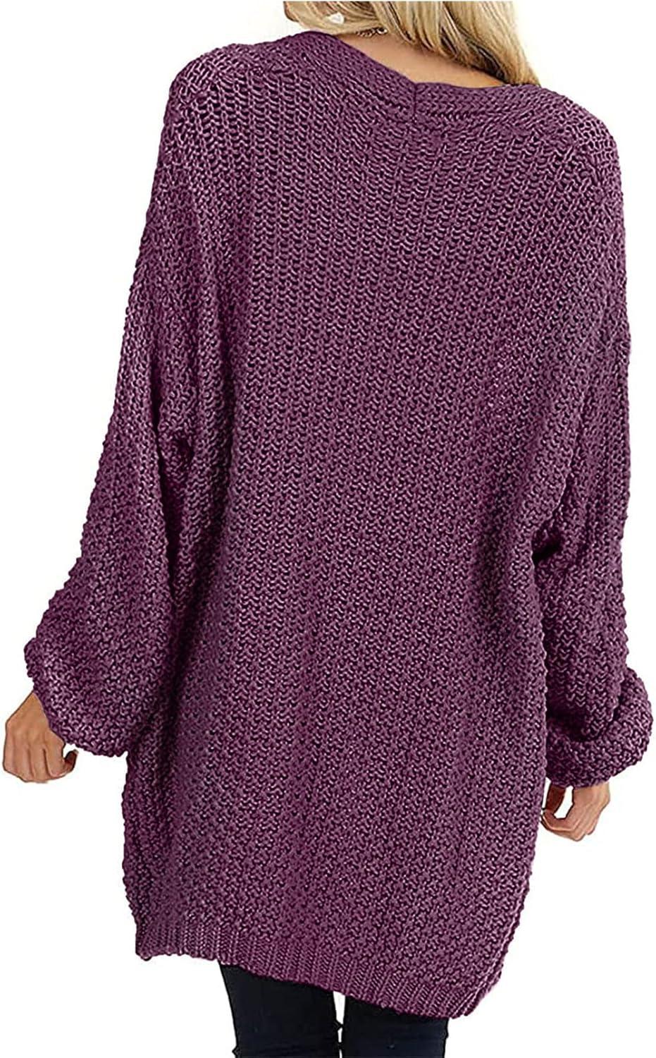 imageMEROKEETY Womens 2025 Fall Open Front Chunky Knit Sweater Oversized Lantern Sleeve Cardigan OutwearPlum
