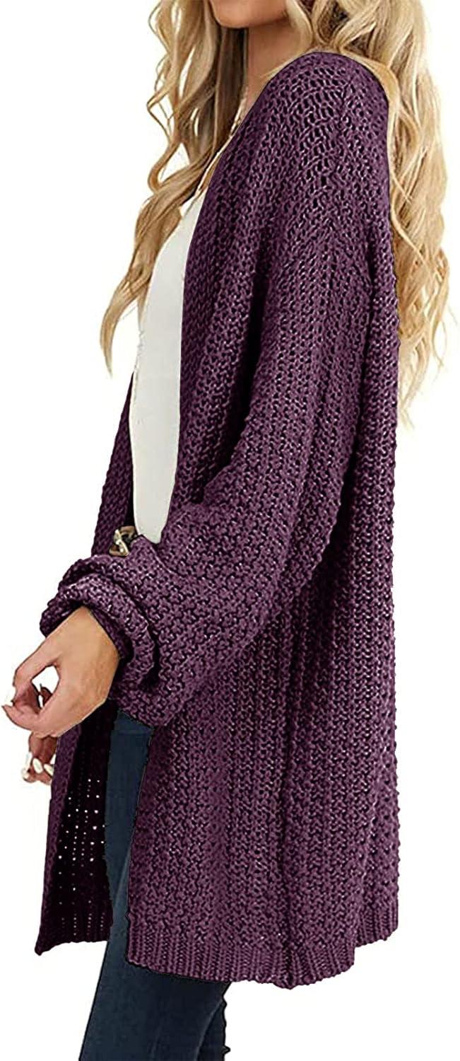 imageMEROKEETY Womens 2025 Fall Open Front Chunky Knit Sweater Oversized Lantern Sleeve Cardigan OutwearPlum