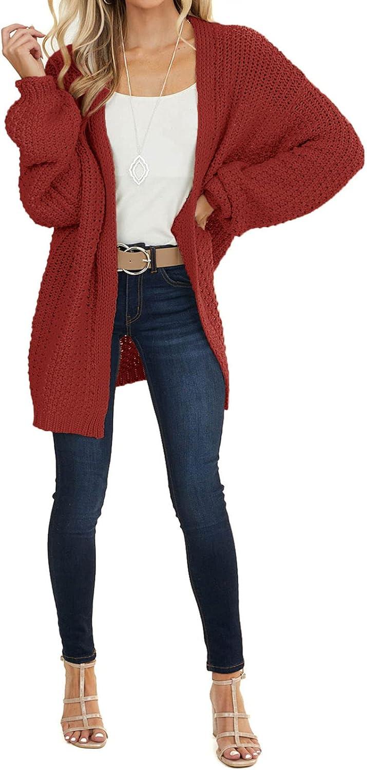 imageMEROKEETY Womens 2025 Fall Open Front Chunky Knit Sweater Oversized Lantern Sleeve Cardigan OutwearRust