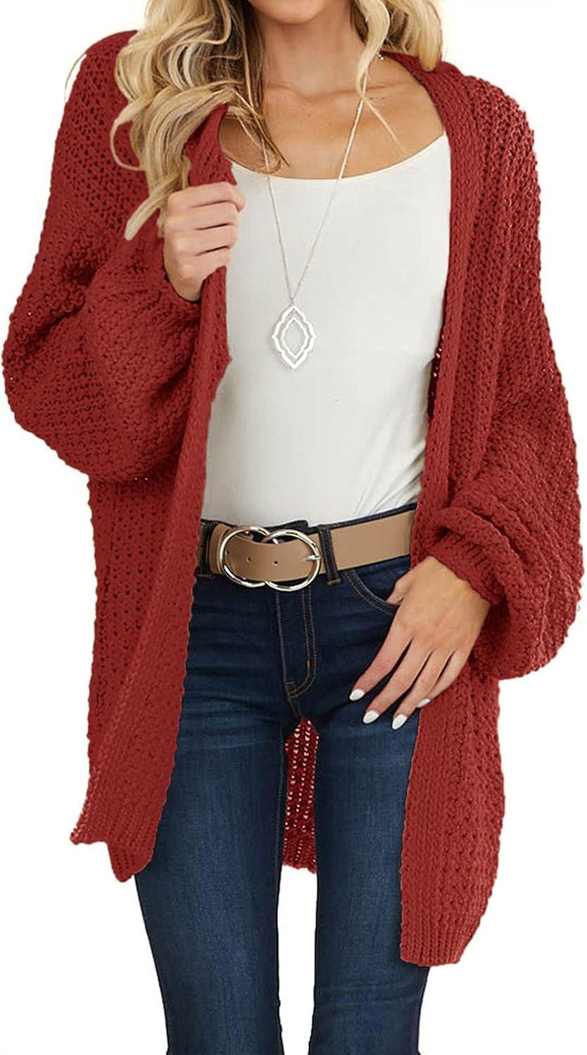 imageMEROKEETY Womens 2025 Fall Open Front Chunky Knit Sweater Oversized Lantern Sleeve Cardigan OutwearRust