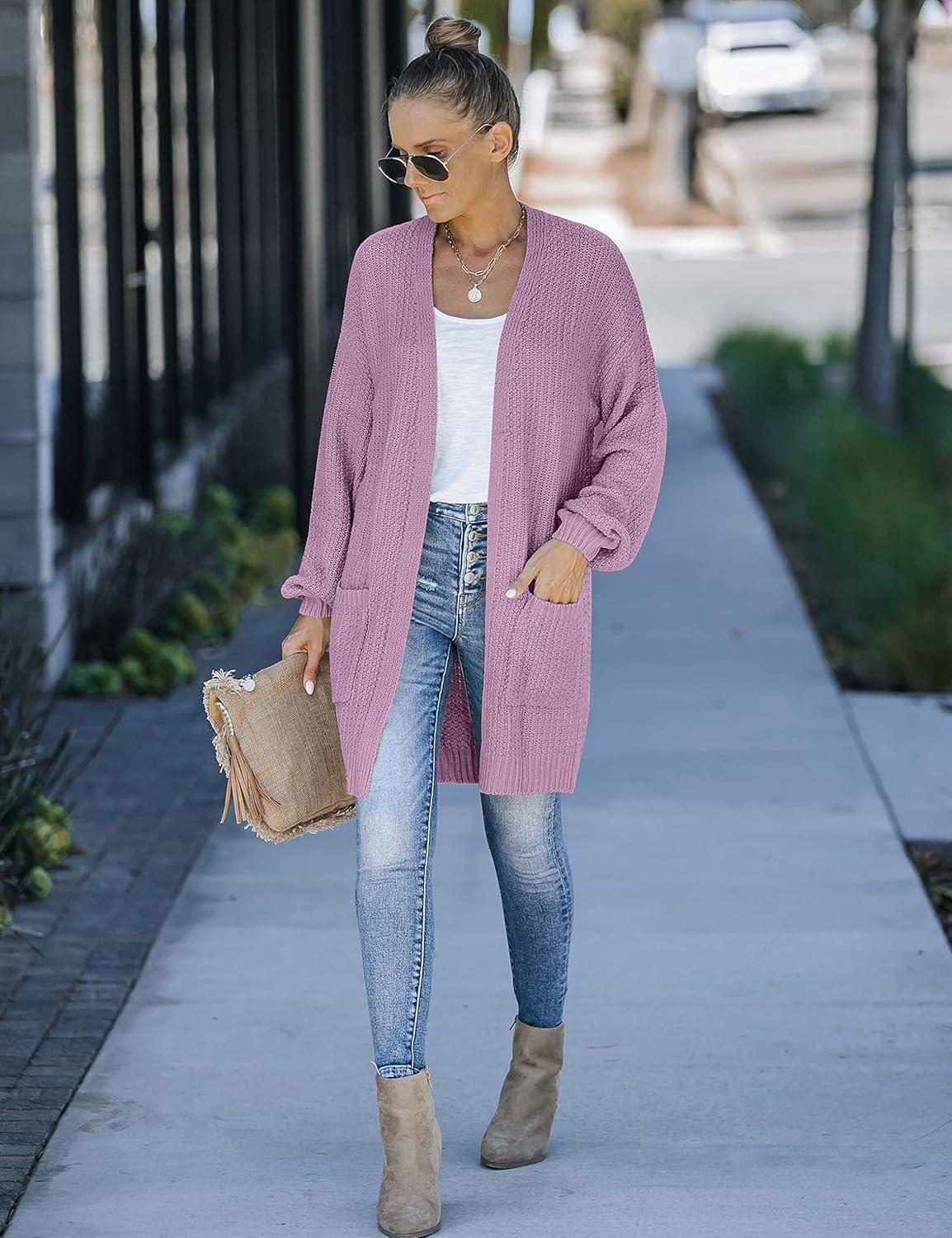 imageMEROKEETY Womens 2025 Fall Open Front Chunky Knit Sweater Oversized Lantern Sleeve Cardigan OutwearTaro