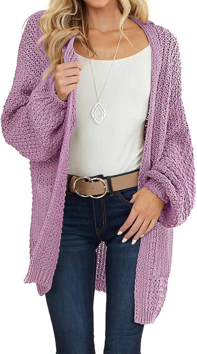 imageMEROKEETY Womens 2025 Fall Open Front Chunky Knit Sweater Oversized Lantern Sleeve Cardigan OutwearTaro