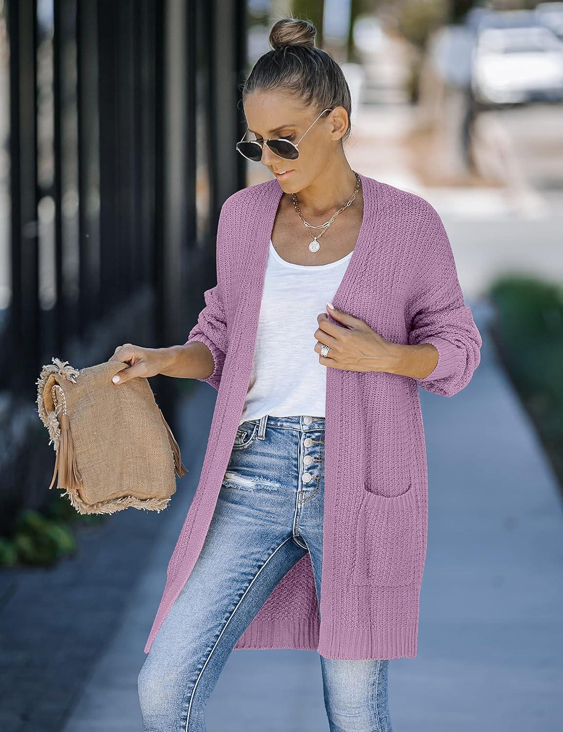 imageMEROKEETY Womens 2025 Fall Open Front Chunky Knit Sweater Oversized Lantern Sleeve Cardigan OutwearTaro