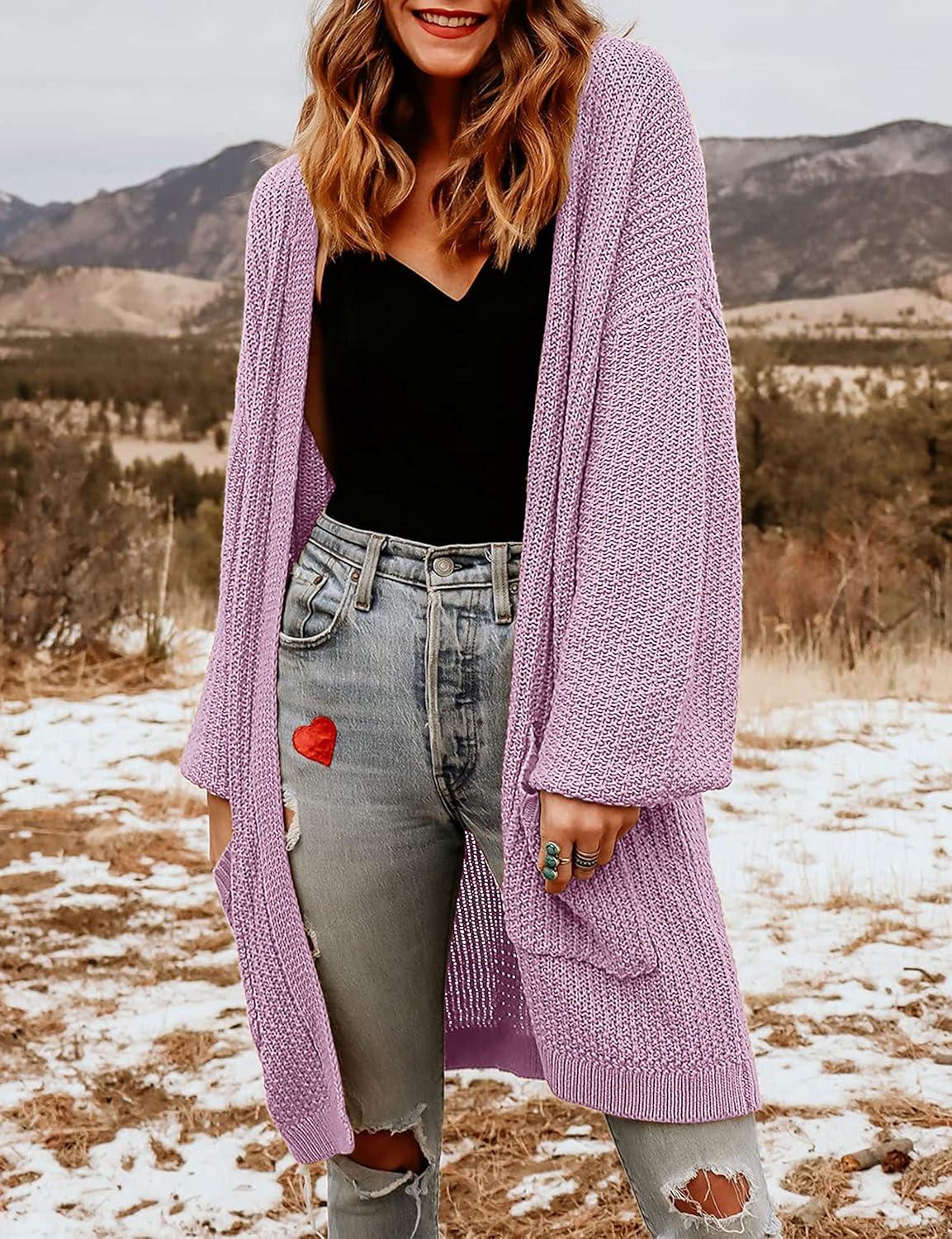 imageMEROKEETY Womens 2025 Fall Open Front Chunky Knit Sweater Oversized Lantern Sleeve Cardigan OutwearTaro