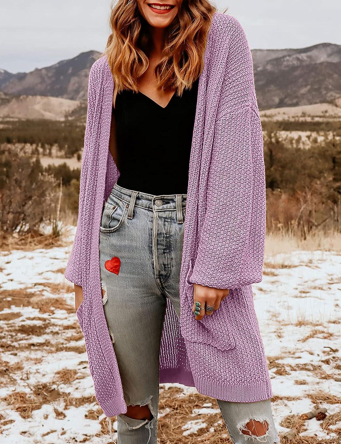 imageMEROKEETY Womens 2025 Fall Open Front Chunky Knit Sweater Oversized Lantern Sleeve Cardigan OutwearTaro