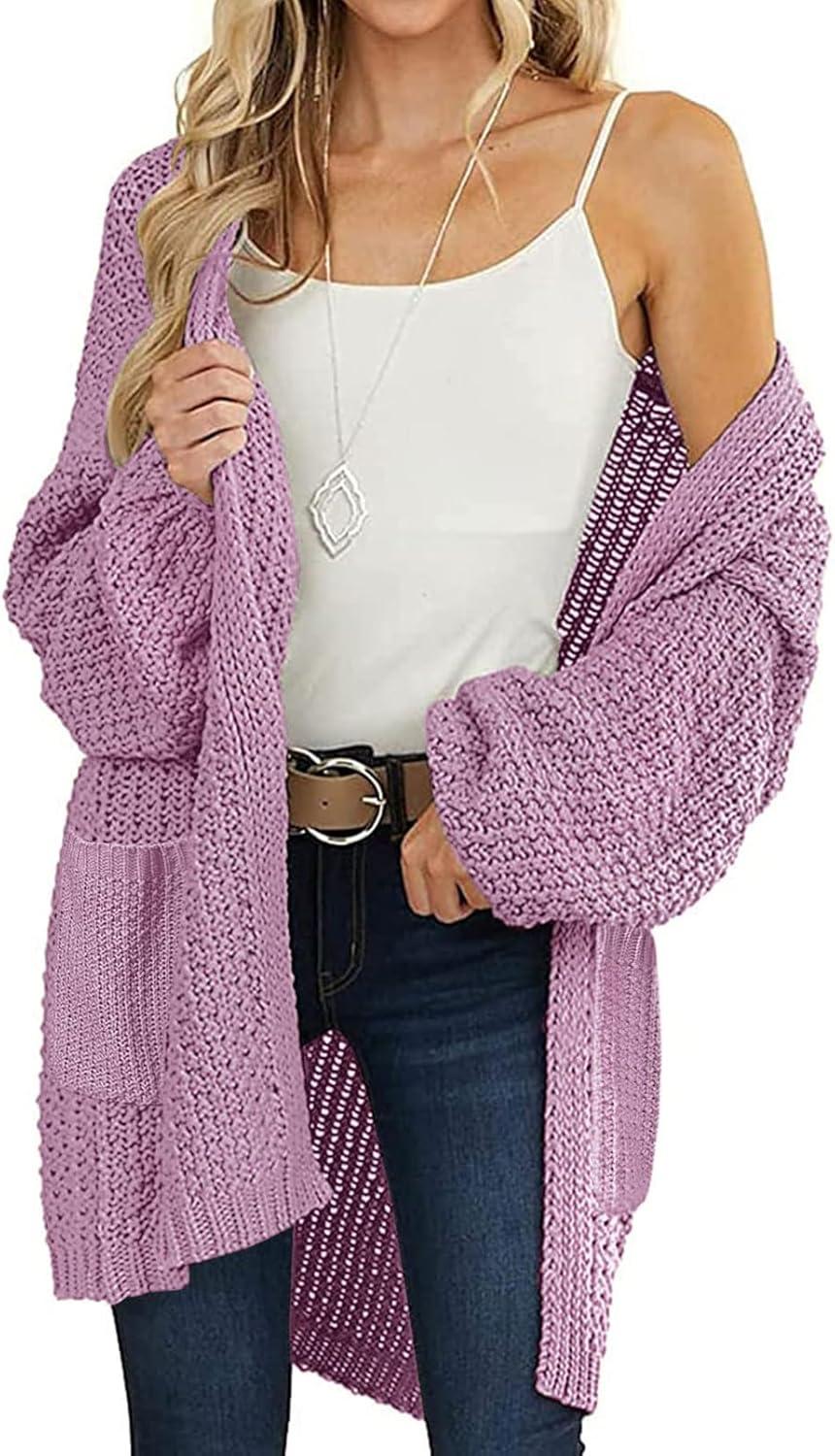 imageMEROKEETY Womens 2025 Fall Open Front Chunky Knit Sweater Oversized Lantern Sleeve Cardigan OutwearTaro