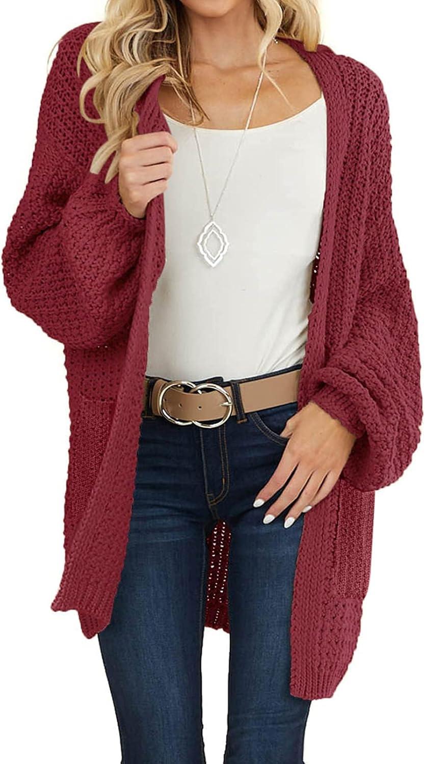 imageMEROKEETY Womens 2025 Fall Open Front Chunky Knit Sweater Oversized Lantern Sleeve Cardigan OutwearWine
