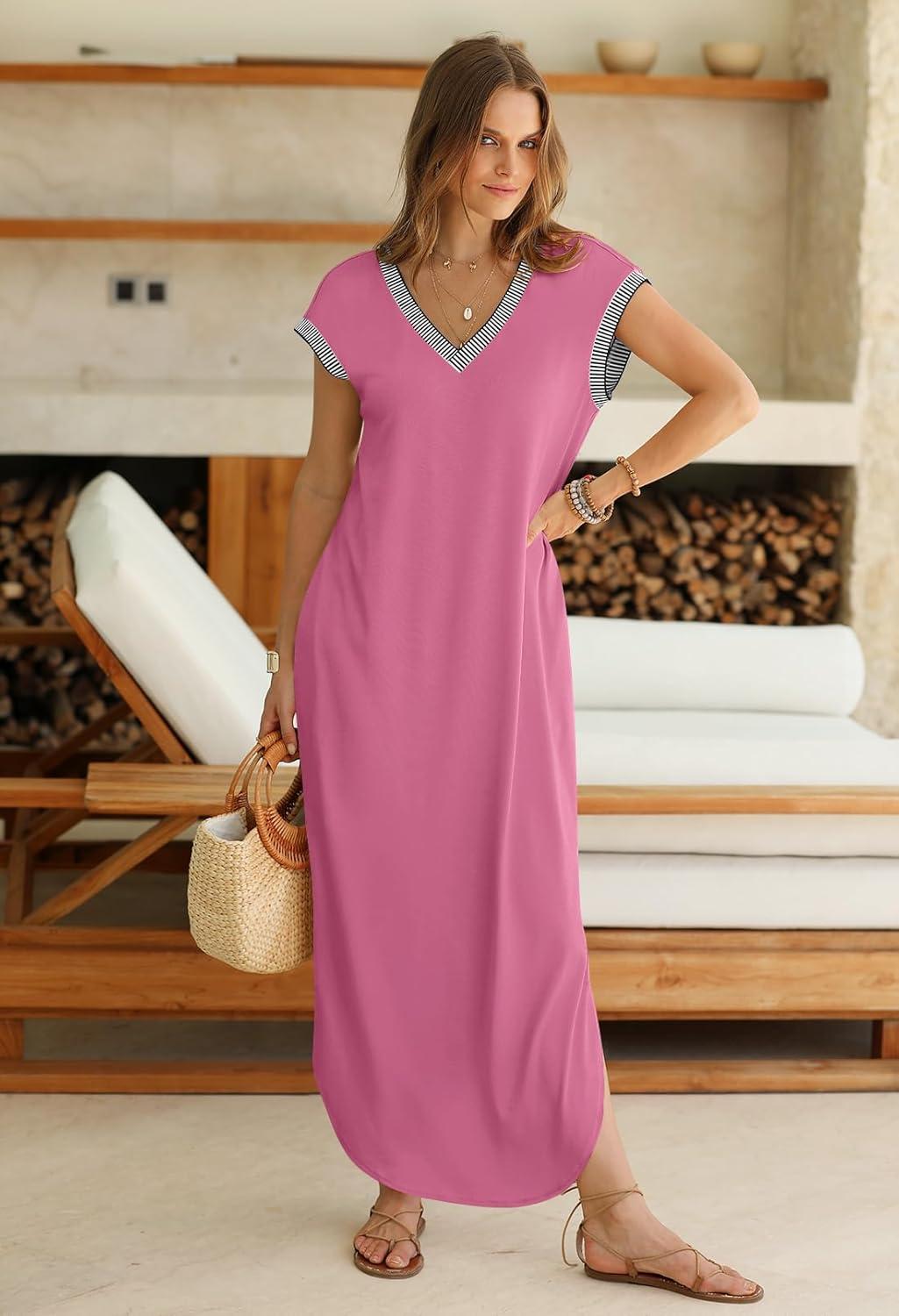 imageMEROKEETY Womens 2025 Spring Summer Maxi Dress Casual V Neck Split Beach Vacation Loose Long DressesDarkpink