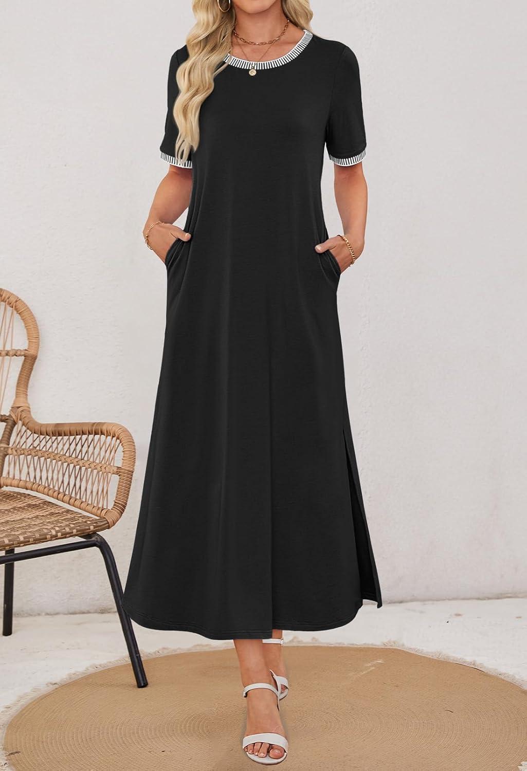 imageMEROKEETY Womens 2025 Summer Casual Maxi Dress Spring Beach Vacation Short Sleeve Crewneck Split Midi T Shirt DressesBlack