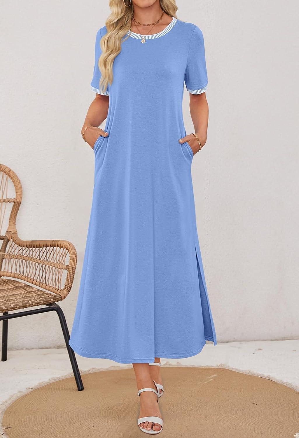 imageMEROKEETY Womens 2025 Summer Casual Maxi Dress Spring Beach Vacation Short Sleeve Crewneck Split Midi T Shirt DressesBlue