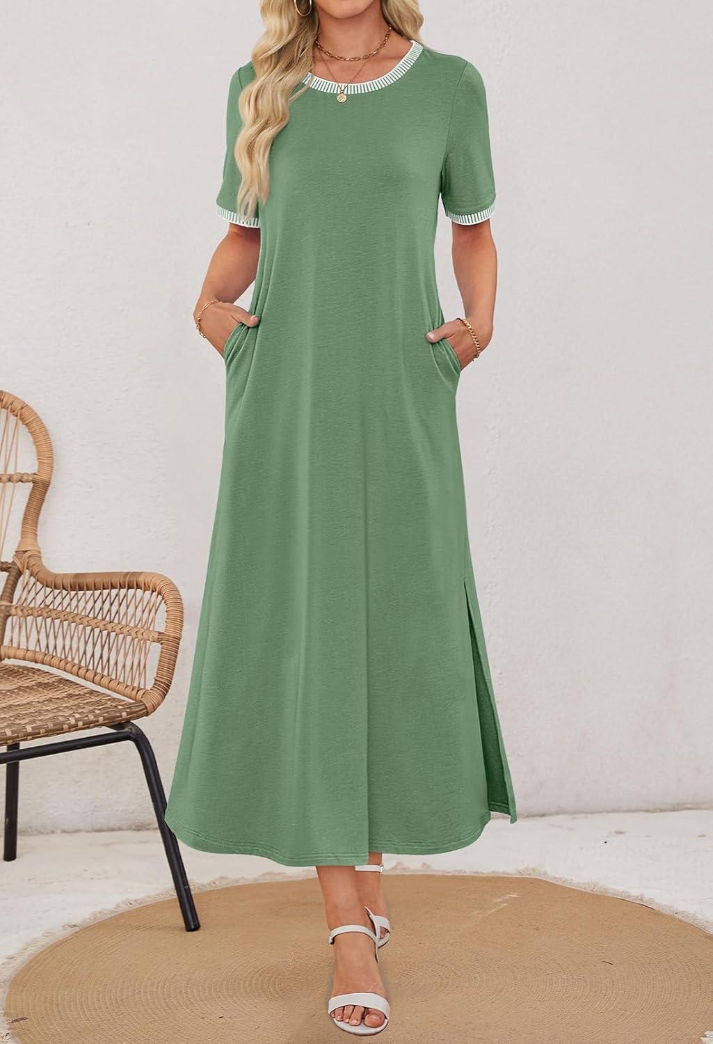 imageMEROKEETY Womens 2025 Summer Casual Maxi Dress Spring Beach Vacation Short Sleeve Crewneck Split Midi T Shirt DressesGreen