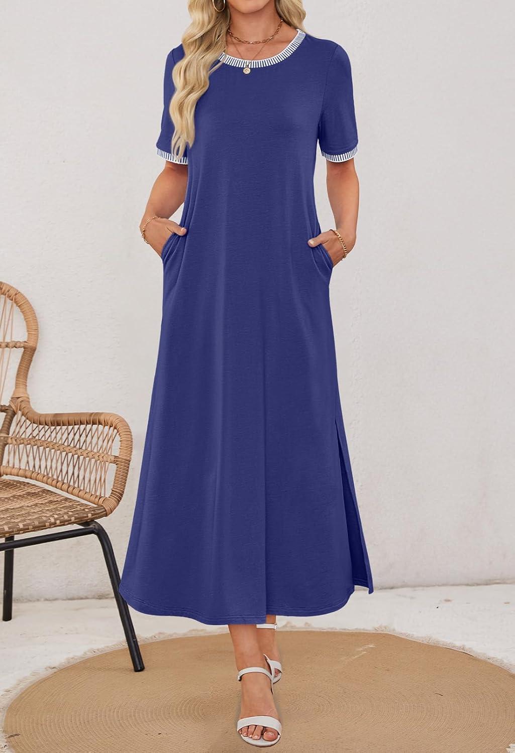 imageMEROKEETY Womens 2025 Summer Casual Maxi Dress Spring Beach Vacation Short Sleeve Crewneck Split Midi T Shirt DressesNavy