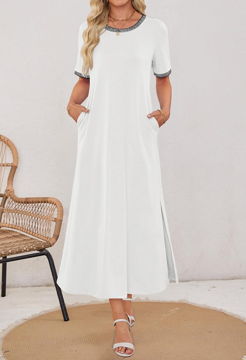 imageMEROKEETY Womens 2025 Summer Casual Maxi Dress Spring Beach Vacation Short Sleeve Crewneck Split Midi T Shirt DressesWhite