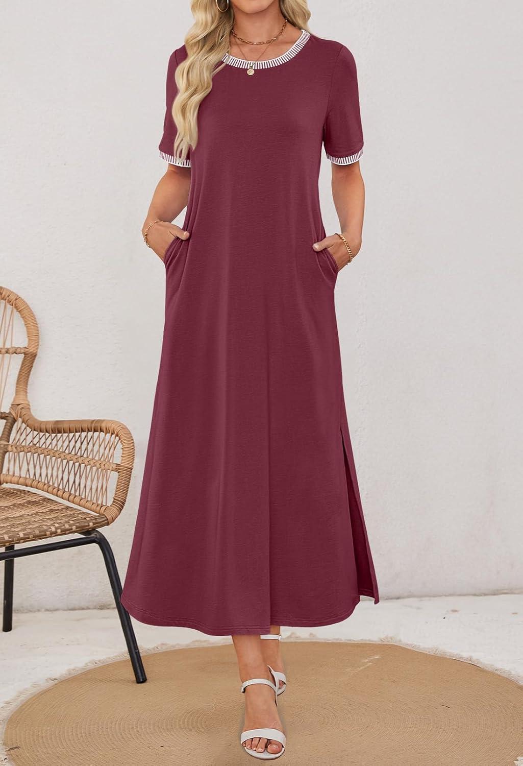 imageMEROKEETY Womens 2025 Summer Casual Maxi Dress Spring Beach Vacation Short Sleeve Crewneck Split Midi T Shirt DressesWine