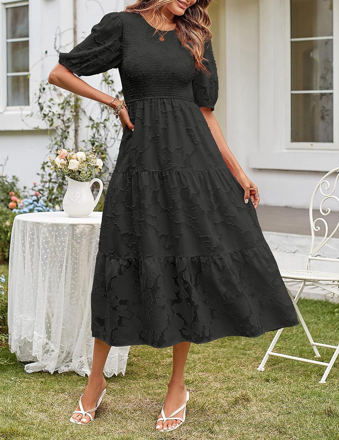 imageMEROKEETY Womens 2025 Summer Puff Sleeve Smocked Floral Dress Crewneck Lace Flowy Tiered Midi DressesBlack