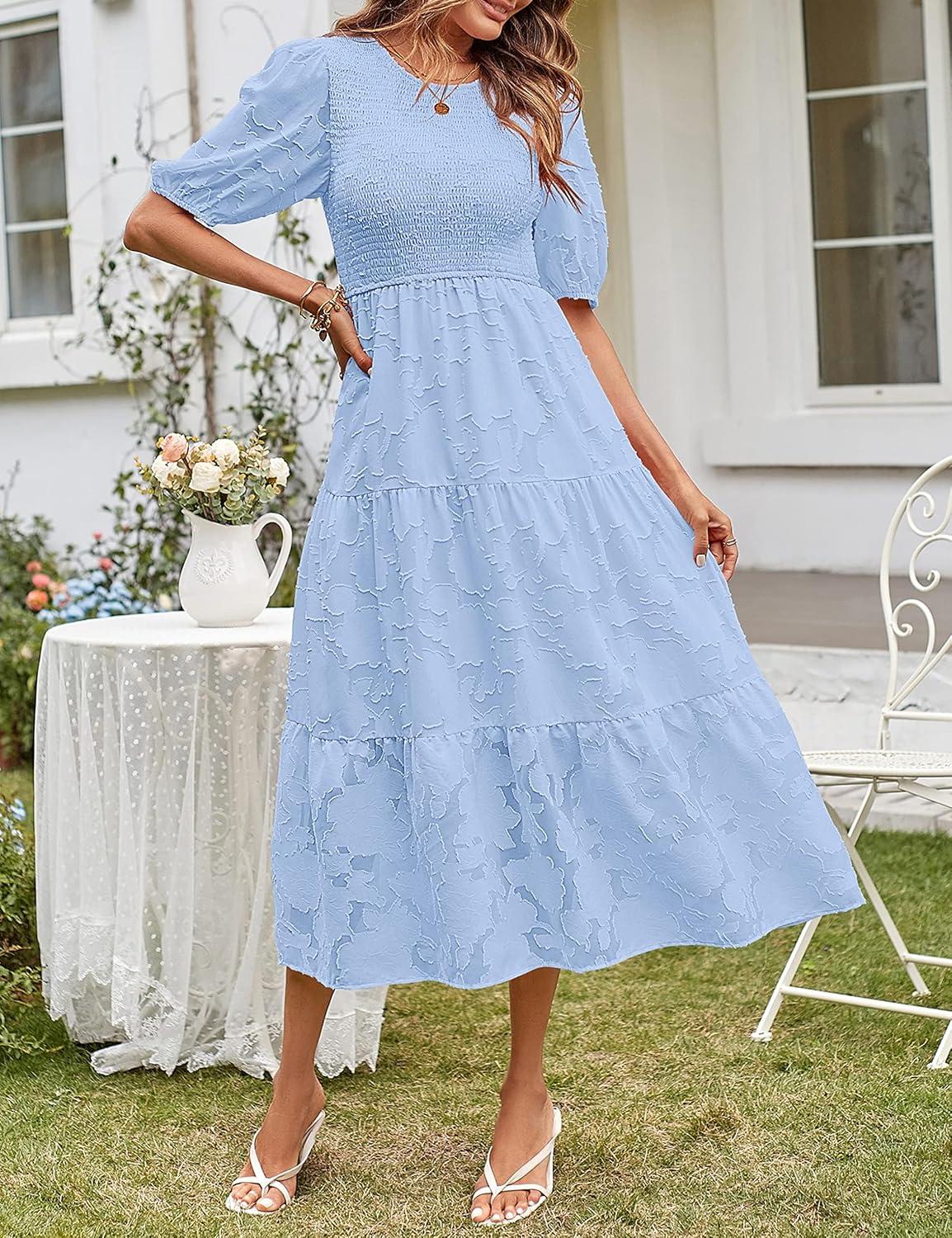 imageMEROKEETY Womens 2025 Summer Puff Sleeve Smocked Floral Dress Crewneck Lace Flowy Tiered Midi DressesLight Blue