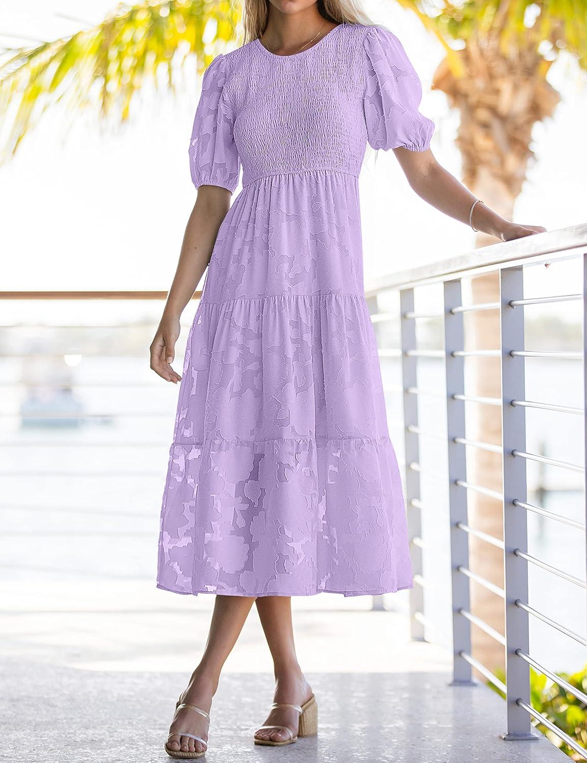 imageMEROKEETY Womens 2025 Summer Puff Sleeve Smocked Floral Dress Crewneck Lace Flowy Tiered Midi DressesLight Purple
