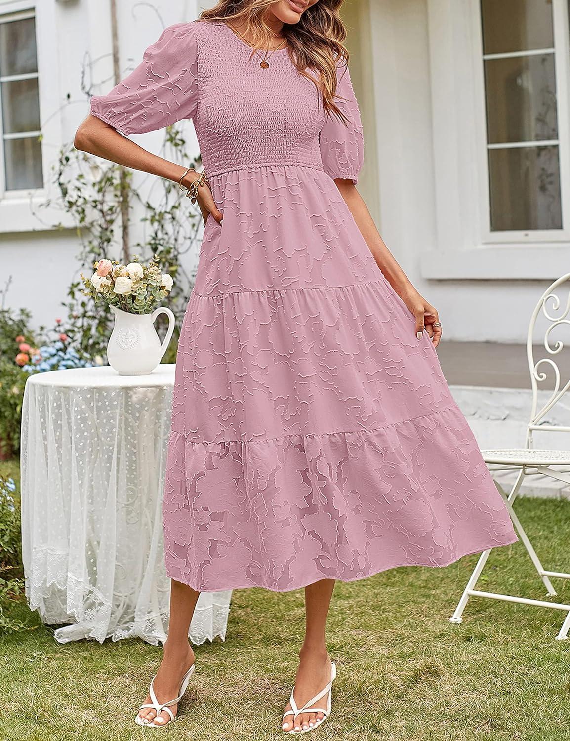 imageMEROKEETY Womens 2025 Summer Puff Sleeve Smocked Floral Dress Crewneck Lace Flowy Tiered Midi DressesPurple