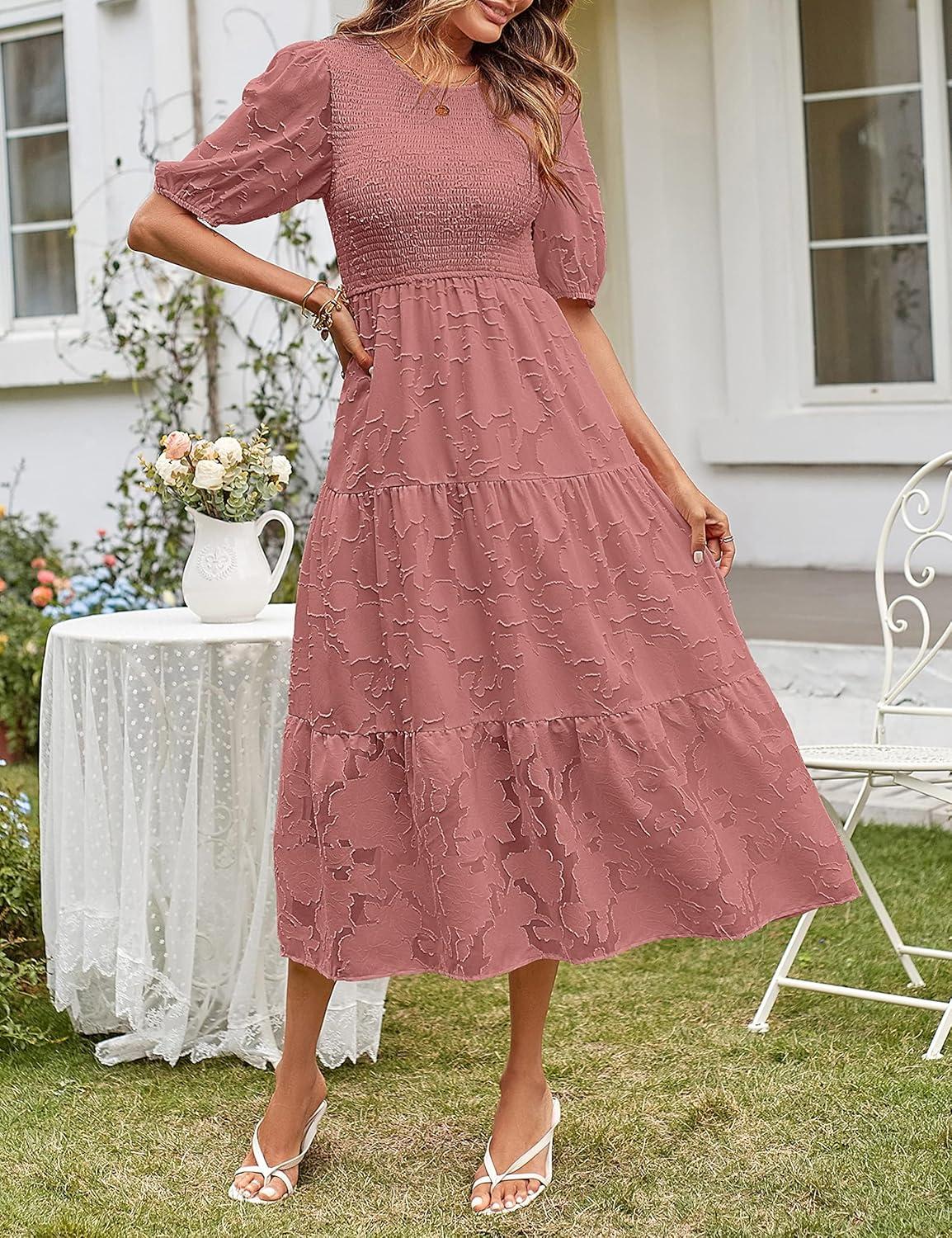 imageMEROKEETY Womens 2025 Summer Puff Sleeve Smocked Floral Dress Crewneck Lace Flowy Tiered Midi DressesTea Rose