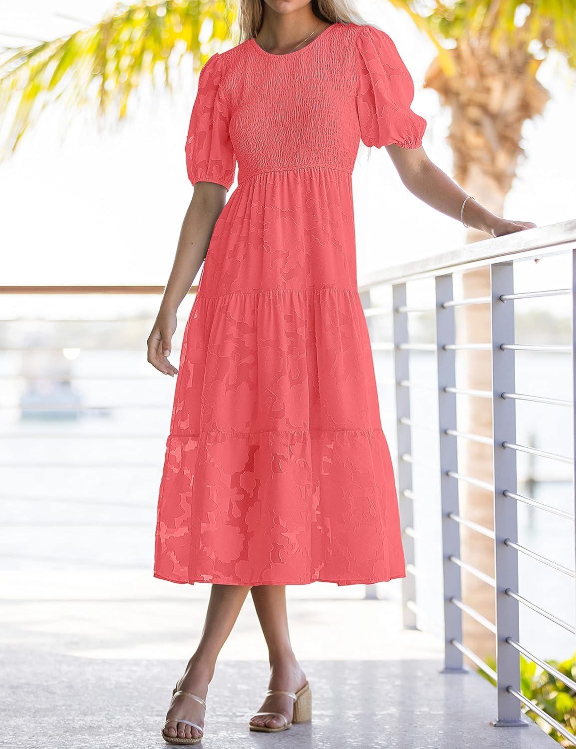 imageMEROKEETY Womens 2025 Summer Puff Sleeve Smocked Floral Dress Crewneck Lace Flowy Tiered Midi DressesWatermelon