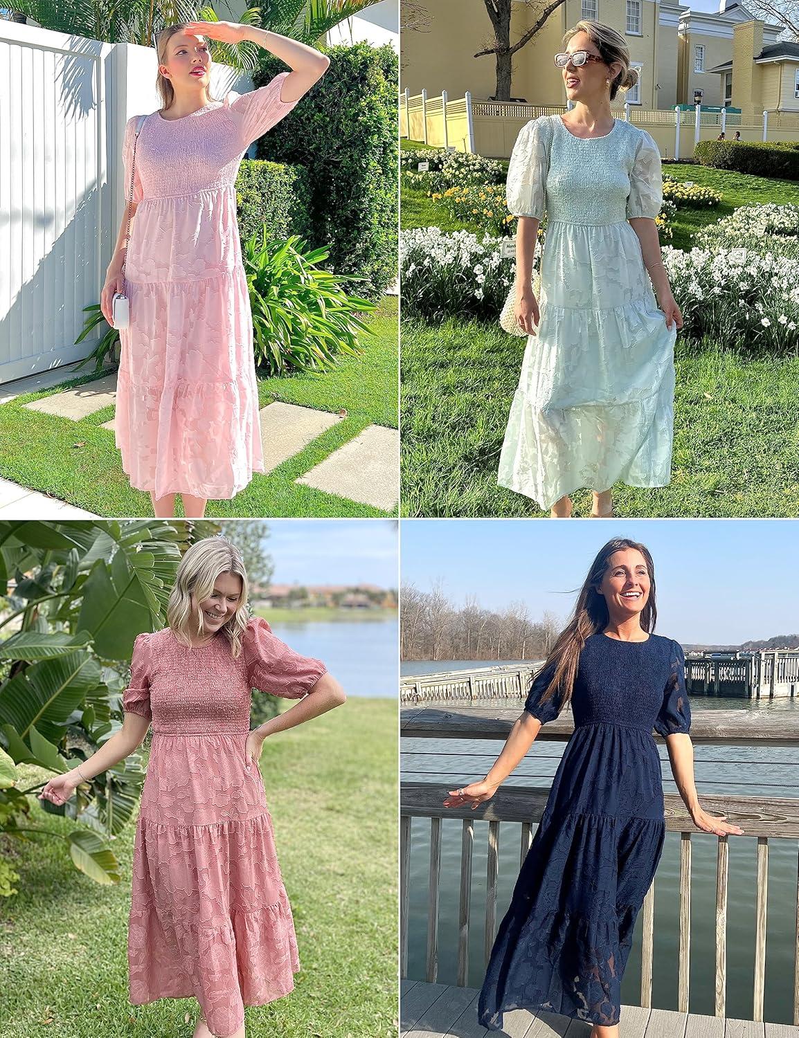 imageMEROKEETY Womens 2025 Summer Puff Sleeve Smocked Floral Dress Crewneck Lace Flowy Tiered Midi DressesWhite
