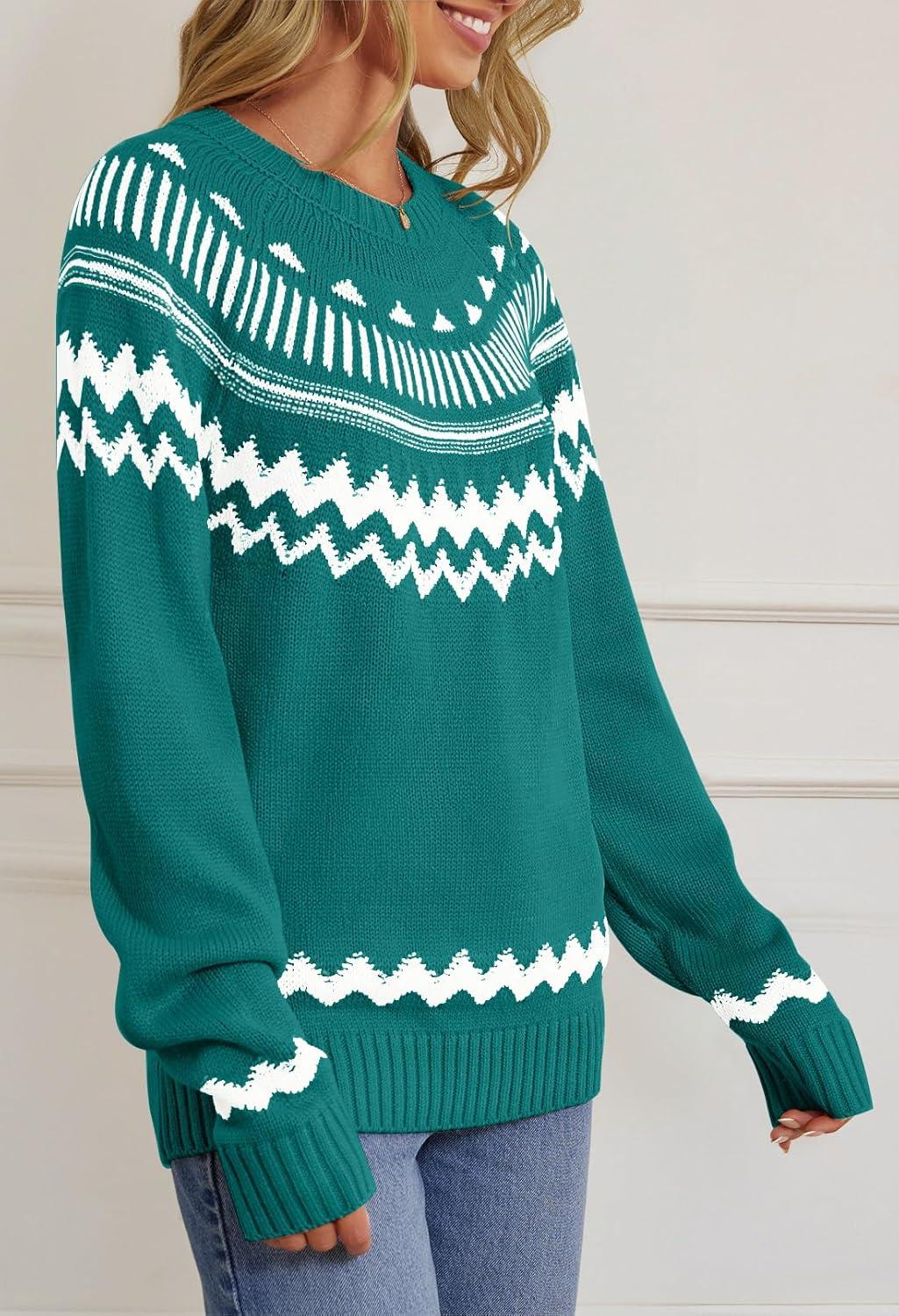 imageMEROKEETY Womens 2026 Fall Winter Fair Isle Argyle Pullover Sweater Striped Crew Neck Long Sleeve Vintage Knit TopsGreen