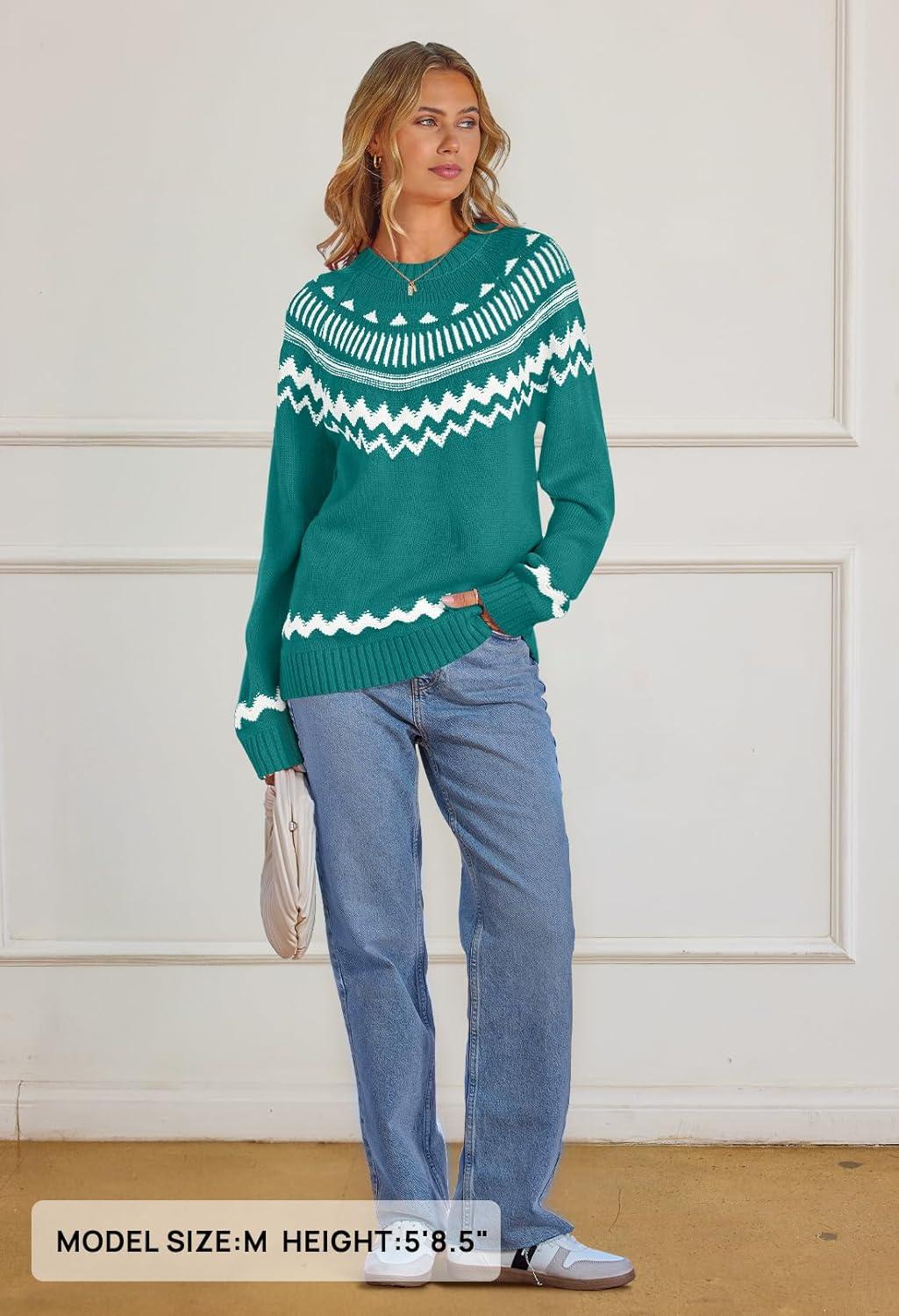imageMEROKEETY Womens 2026 Fall Winter Fair Isle Argyle Pullover Sweater Striped Crew Neck Long Sleeve Vintage Knit TopsGreen