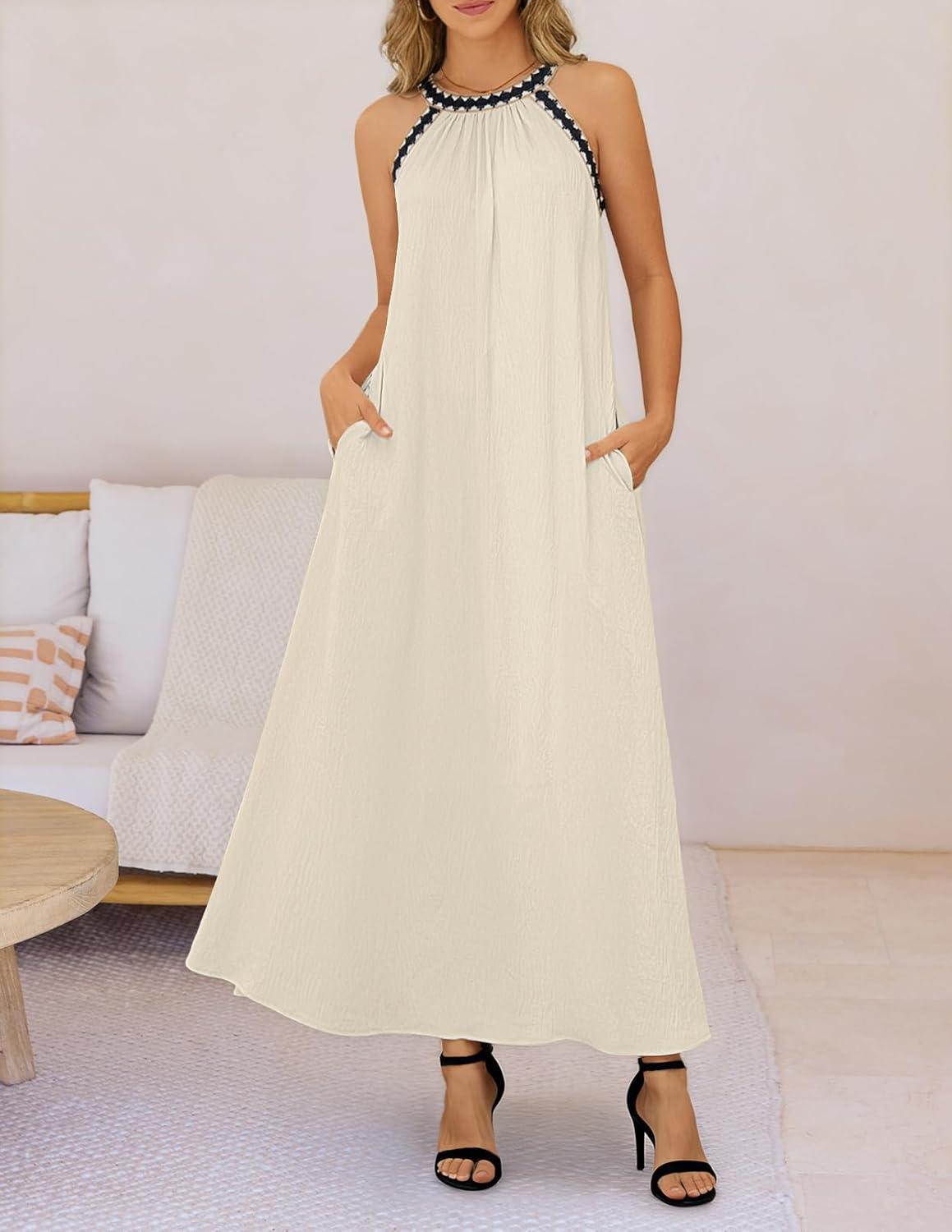 imageMEROKEETY Womens 2026 Summer Halter Maxi Dress Spring Casual Boho Sleeveless Flowy Swing Beach Vacation Dresses with BeltApricot