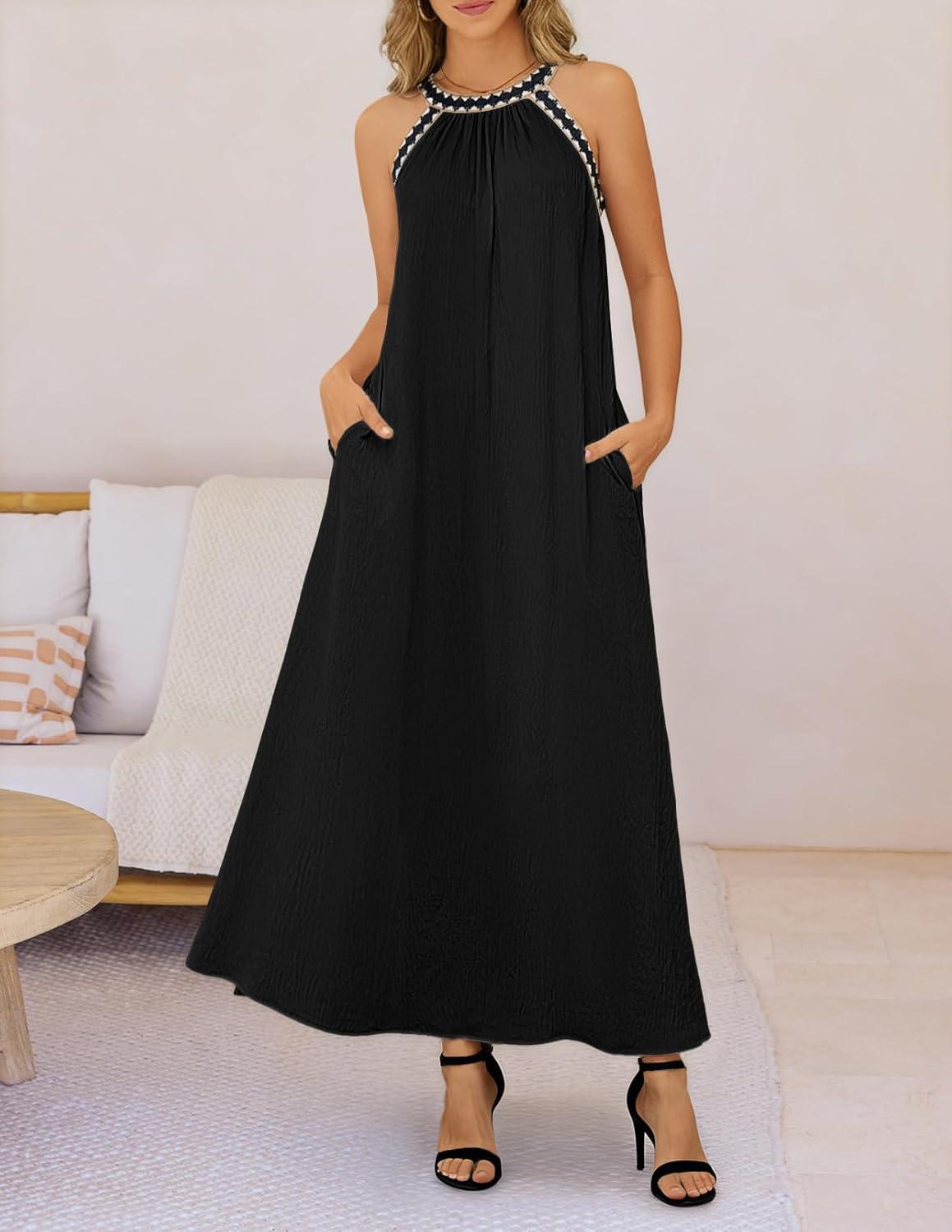 imageMEROKEETY Womens 2026 Summer Halter Maxi Dress Spring Casual Boho Sleeveless Flowy Swing Beach Vacation Dresses with BeltBlack