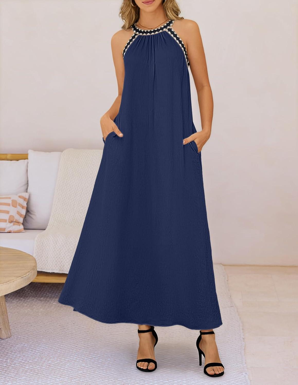 imageMEROKEETY Womens 2026 Summer Halter Maxi Dress Spring Casual Boho Sleeveless Flowy Swing Beach Vacation Dresses with BeltNavy