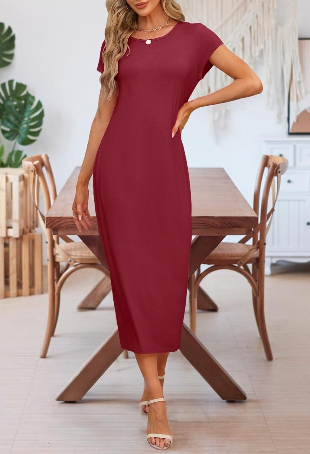 imageMEROKEETY Womens 2026 Summer Short Sleeve Tshirt Dress Casual Crew Neck Beach Long Maxi DressesBurgundy