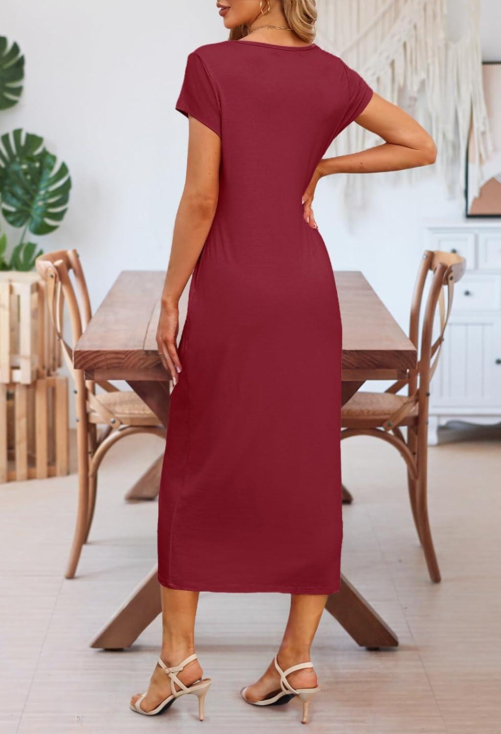 imageMEROKEETY Womens 2026 Summer Short Sleeve Tshirt Dress Casual Crew Neck Beach Long Maxi DressesBurgundy