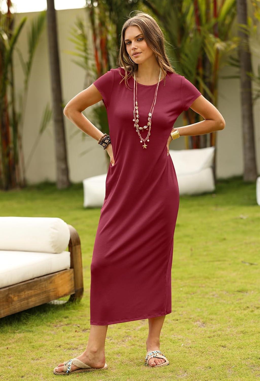 imageMEROKEETY Womens 2026 Summer Short Sleeve Tshirt Dress Casual Crew Neck Beach Long Maxi DressesBurgundy