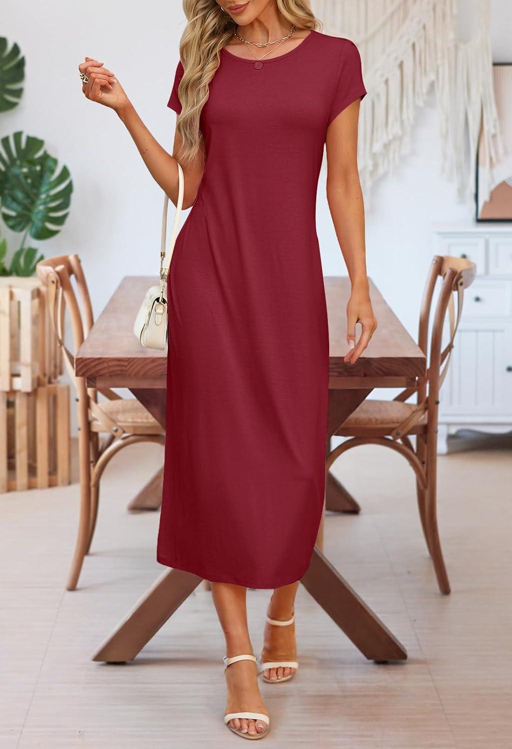 imageMEROKEETY Womens 2026 Summer Short Sleeve Tshirt Dress Casual Crew Neck Beach Long Maxi DressesBurgundy